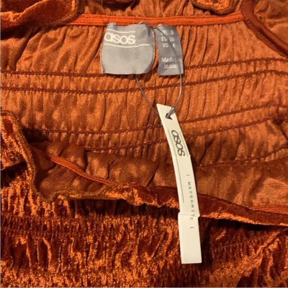 📌 NWT ASOS DESIGN Maternity Velvet Boderie Shirred Midi Dress In Rust - Picture 3 of 5